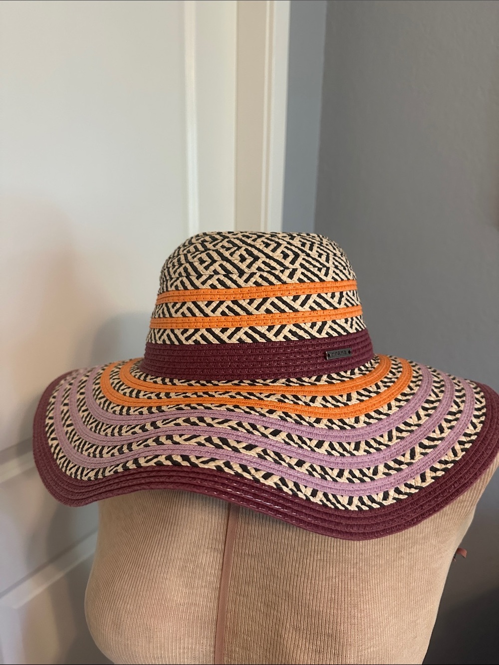 Striped Wide-Brim Sun Hat in Burgundy, Orange & Lilac